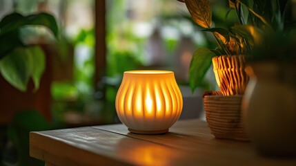 Wickless candle diffuser warmer creating a tranquil atmosphere with gentle glow and calming ambiance in a serene indoor setting