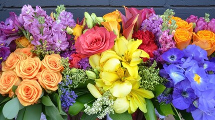 Colorful flower bouquets with diverse blooms arranged beautifully in a market shop, showcasing vibrant petals and lush greenery.