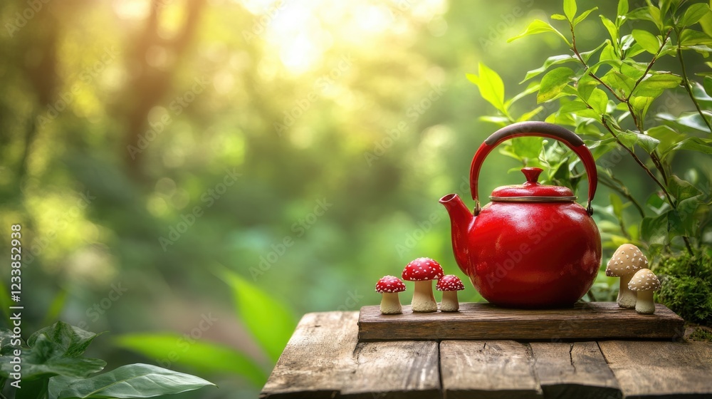 Poster tranquil forest setting featuring a red kettle and mushrooms on a wooden platform surrounded by lush