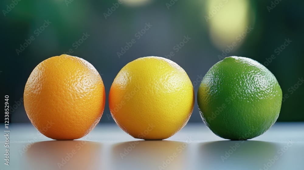 Aufkleber vibrant citrus fruits oranges lemons limes placed on a surface with soft focus background