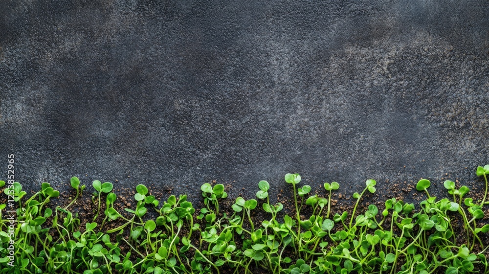 Poster Fresh green wheat sprouts on a dark textured background with ample copyspace for text in a farm field setting.