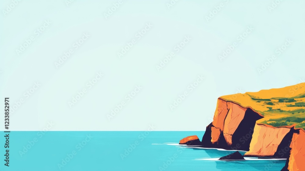 Poster tranquil abstract coastal cliffs with serene waters and clear blue sky ideal for text overlay or art
