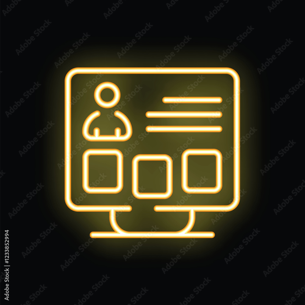 Poster neon yellow icon of a computer screen displaying a user profile interface with buttons