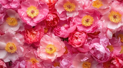 Vibrant pink paper peonies arranged flat with empty space for text ideal for floral backgrounds or promotional materials