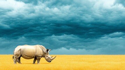 Fototapeta premium Majestic Rhinoceros Standing in a Golden Field Under Dark Clouds