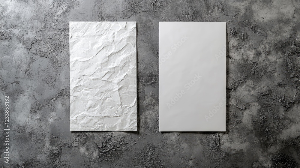Poster empty white poster mockups on textured dark concrete wall with soft grey and silver shadows for crea