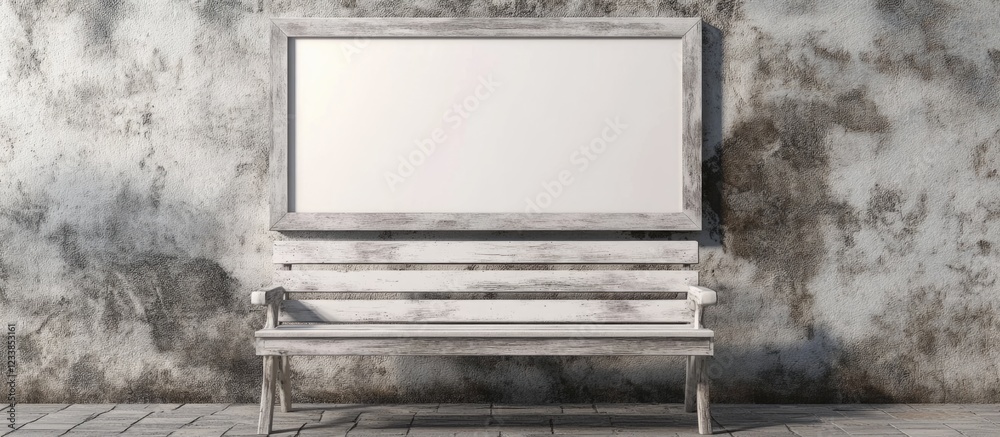Poster white photo frame placed on a rustic pine bench against a textured wall creating ample empty space f