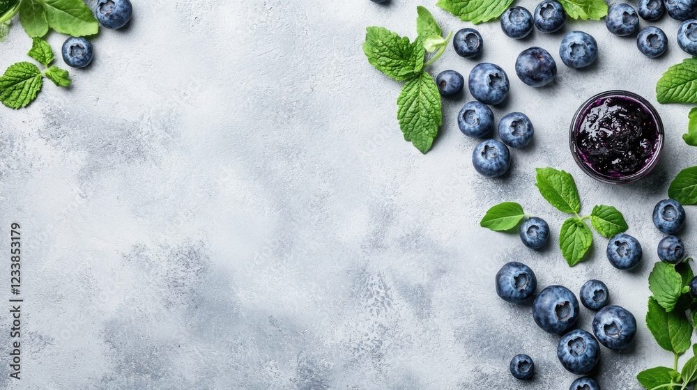 Poster ricotta dessert with blueberries and mint leaves on textured background healthy breakfast for specia