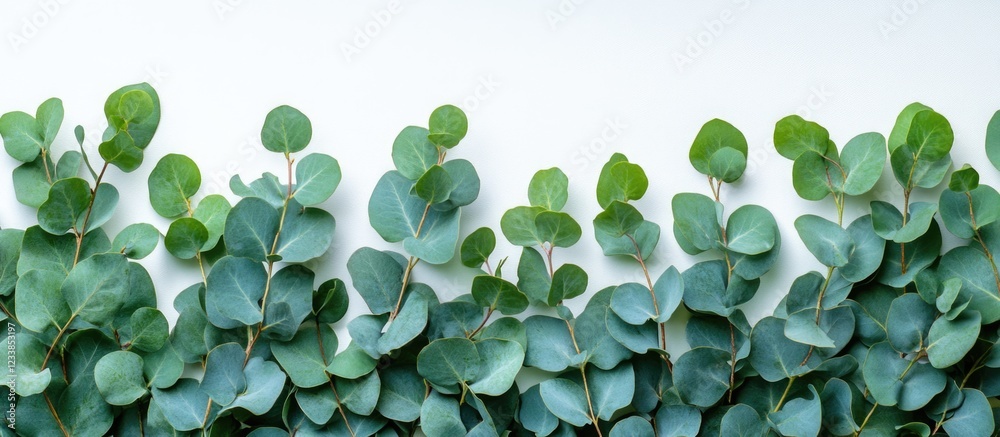 Poster eucalyptus leaves arrangement on white background for spa decor with copy space for text and relaxat