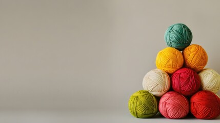 Colorful yarn balls arranged in a pyramid formation with neutral background for text overlay and creative projects.