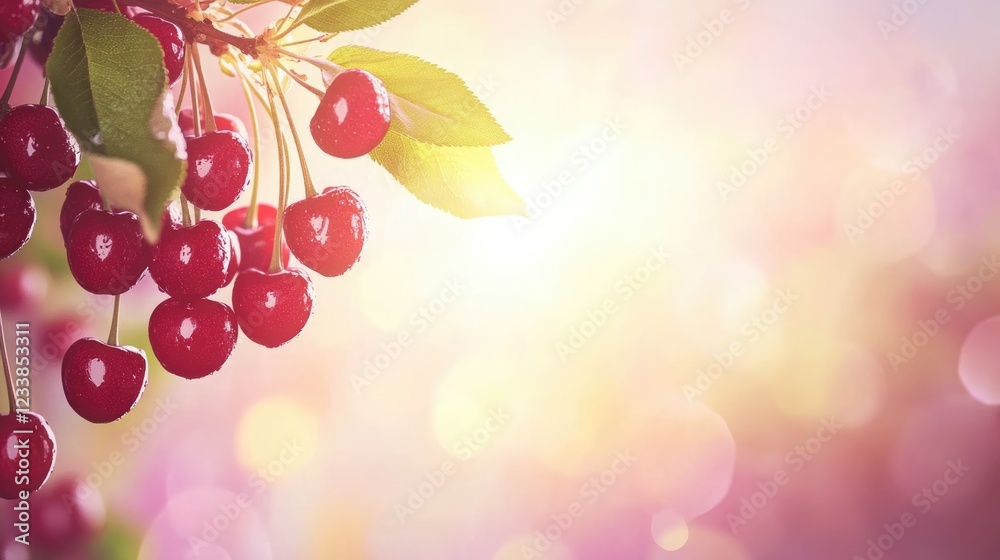 Aufkleber Close up of ripe cherries on a tree branch with a beautiful sunset background creating a vibrant and enchanting atmosphere for text placement