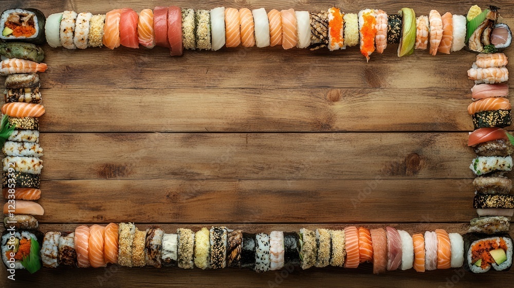 Poster Traditional Sushi Platter Featuring Assorted Sushi and Maki Rolls on Rustic Wooden Table with Space for Text or Branding