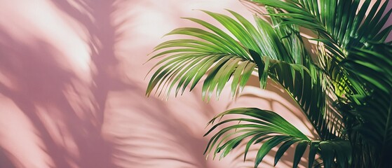 Lush green palm fronds cast shadows on a soft pink wall creating a tropical aesthetic