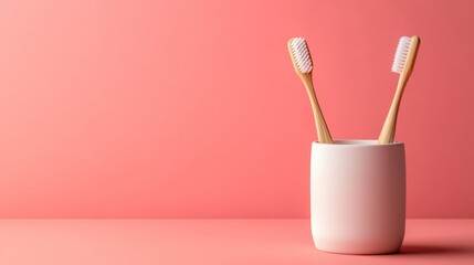 Two bamboo toothbrushes stand upright in a minimalist white holder against a soft pink background, symbolizing eco-friendly oral care.