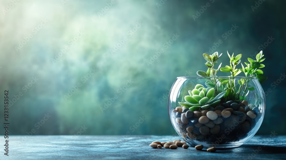 Poster tranquil glass terrarium featuring succulents and clay pebbles with empty copyspace for text in sere