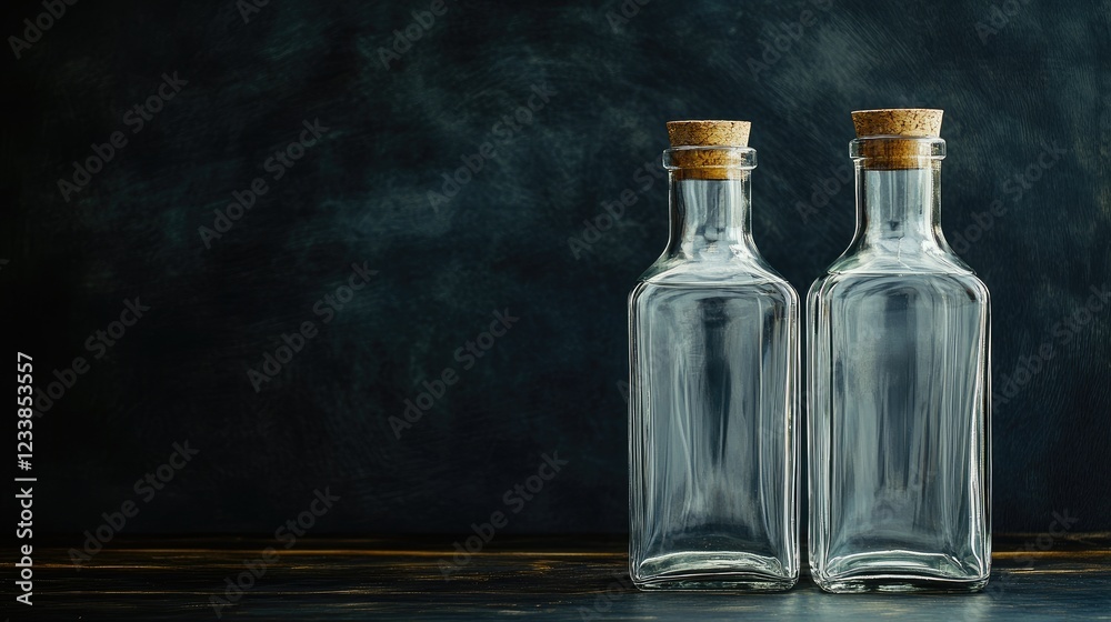 Poster Empty glass bottles with cork stoppers on a dark background providing ample space for creative text placement or branding.