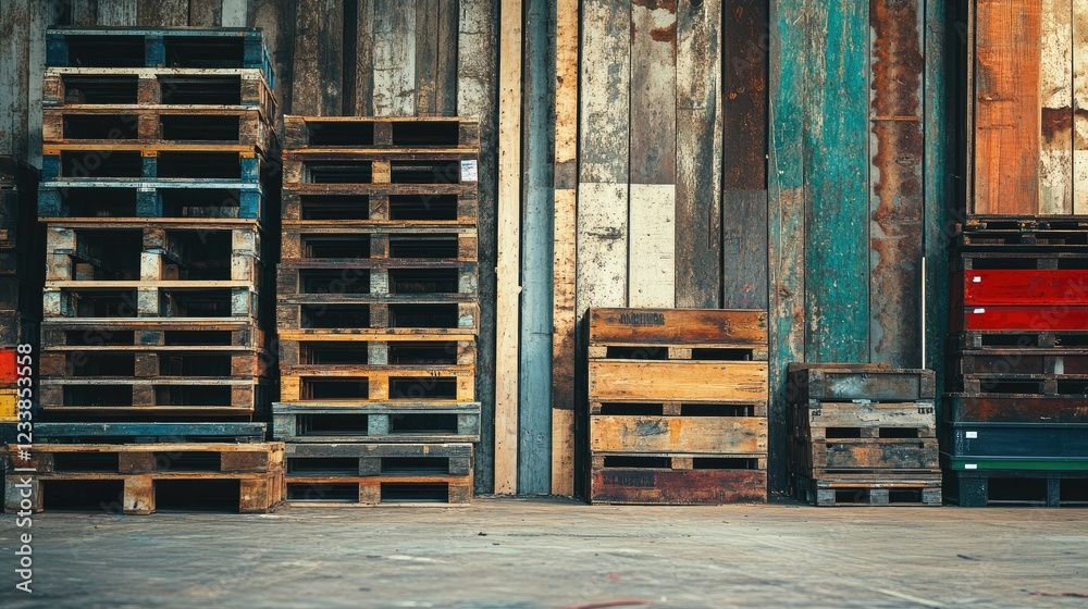 Fototapete rustic wooden palettes in an aged warehouse setting with empty space for text placement ideal for vi