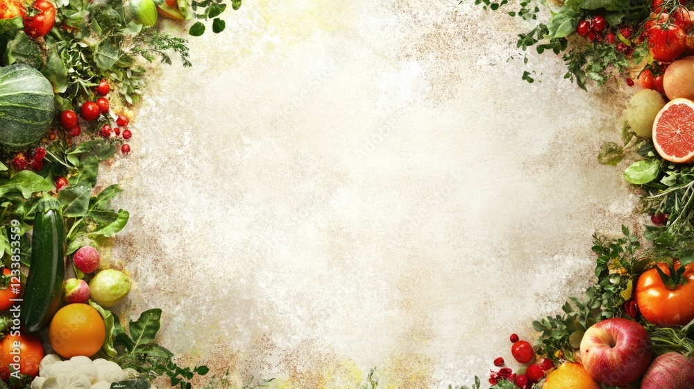 Leinwandbilder Fresh colorful vegetables and fruits arranged on a light textured background with ample empty space for adding text or graphics