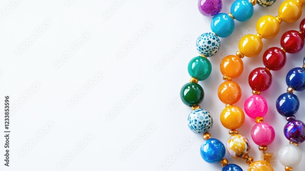Poster Vibrant Colorful Tinted Beads on White Background with Space for Text or Design Elements