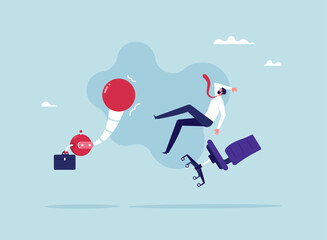 Robot employee kicks away a human worker from job at office, future concept, artificial intelligence or AI replaces human work