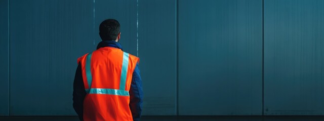 Warehouse worker in safety vest looking at blue wall with empty space for text in industrial setting suitable for safety or employment themes