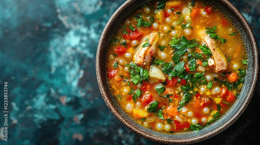 Poster colorful pearl vegetable soup with frog legs in a stylish bowl overhead view with fresh ingredients 