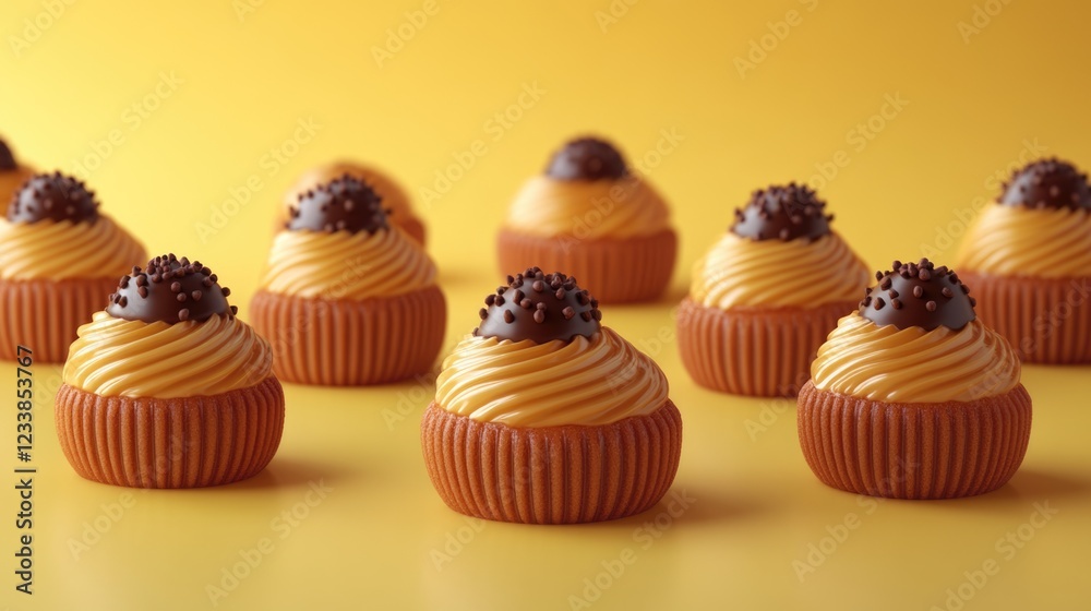 Poster assorted cupcakes with chocolate topping arranged on a vibrant yellow background providing ample cop