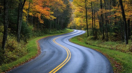 Fototapeta premium Curved road meandering through vibrant autumn forest showcasing colorful foliage and lush greenery in serene nature setting.