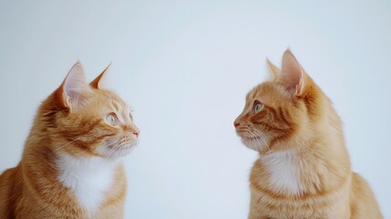 Two charming ginger cats gazing at each other set against a clean white background showcasing their unique features and expressions.