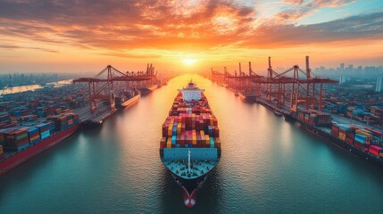 Naklejka premium Majestic Sunset over a Busy Container Port