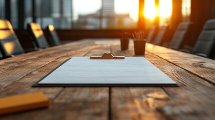 A sunlit conference room features a wooden table with a clipboard and stationery, creating a warm, professional atmosphere for meetings.