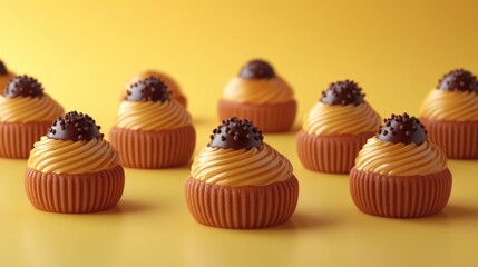 Assorted cupcakes with chocolate topping arranged on a vibrant yellow background providing ample copyspace for text or promotional content