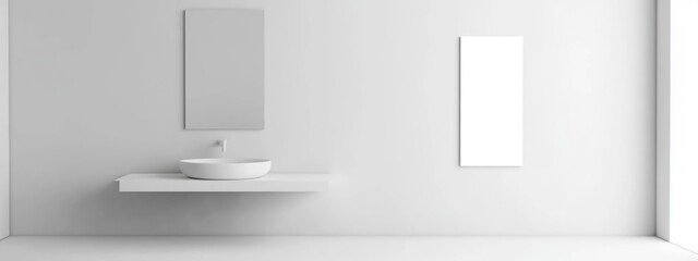 Minimalist White Bathroom Design with Sink and Mirror Showcasing Empty Space for Custom Text or Branding
