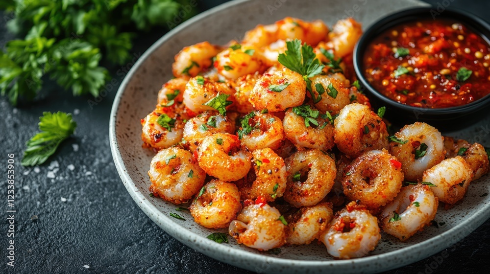 Aufkleber Fried squid garnished with herbs served on a plate with spicy dipping sauce and empty space for text in food presentation concept