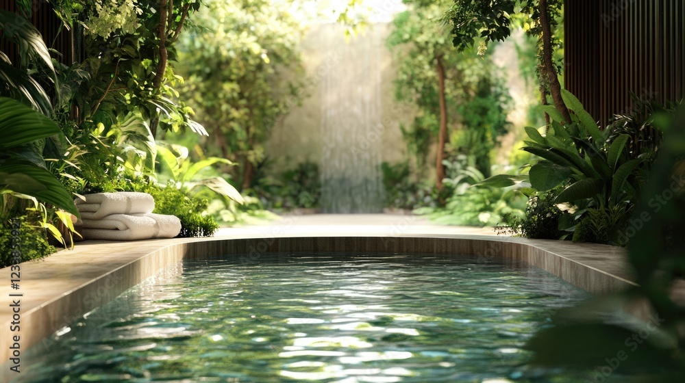 Poster serene spa retreat with lush greenery and reflective water perfect for relaxation and text overlay
