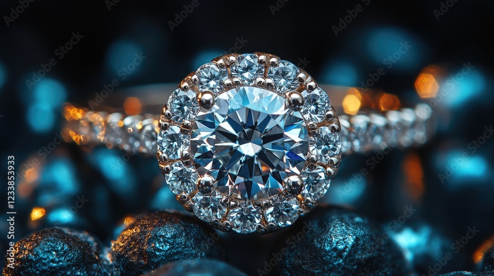 Poster Elegant diamond ring showcased in creative macro shot with dark textured background and ample copyspace for personalized messaging