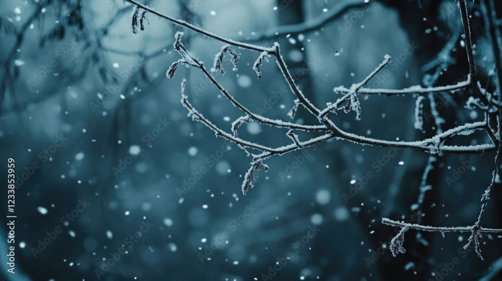 Aufkleber Serene winter forest scene with gently falling snow and frosted branches creating a calm atmosphere for potential text overlay