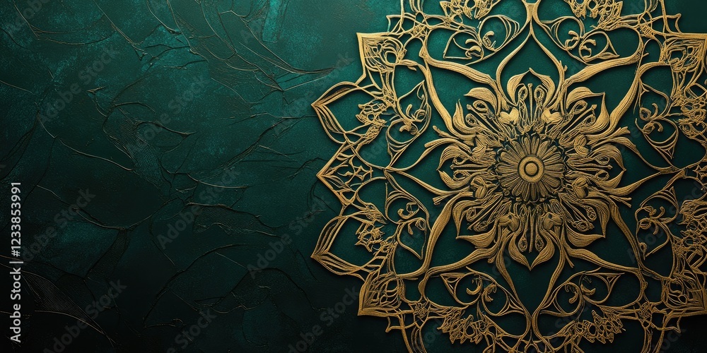 Poster Elegant geometric green and gold mandala with dark textured background featuring intricate designs and ample copy space for text placement