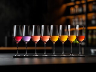 A row of elegant champagne flutes filled with vibrant, colorful drinks, displayed on a sleek black countertop against a dimly lit bar backdrop.