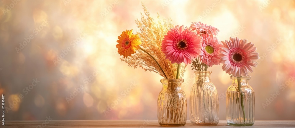 Poster scandinavian style frame mockup with colorful gerbera bouquet in glass vases for autumn decor and th