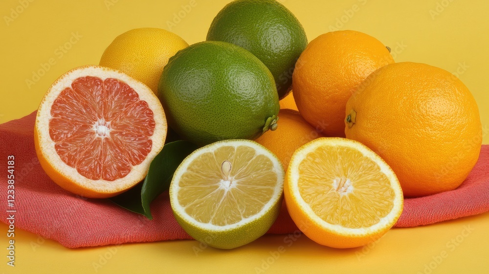 Poster citrus fruits displayed on bright yellow surface fresh and healthy summer vibes