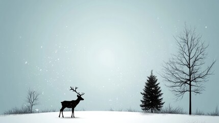 A serene winter landscape featuring a solitary reindeer amidst snow-covered ground and sparse trees, set against a soft, muted sky.