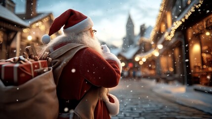 A festive scene depicting Santa Claus with gifts, surrounded by a snowy street adorned with holiday lights.