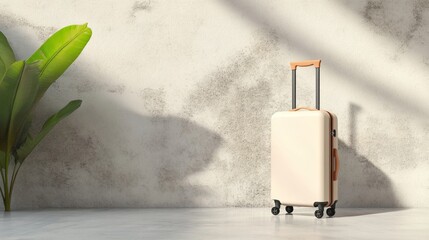 A minimalist scene featuring a stylish suitcase next to a large green plant, casting shadows on a textured wall.