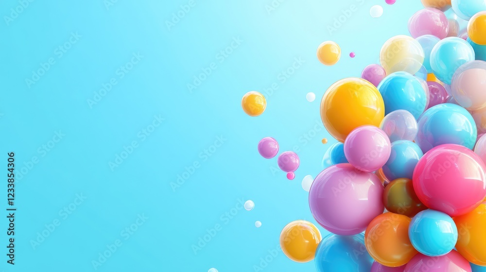 Poster vibrant assorted balloons in bright colors floating against a clear blue sky creating an inviting ba