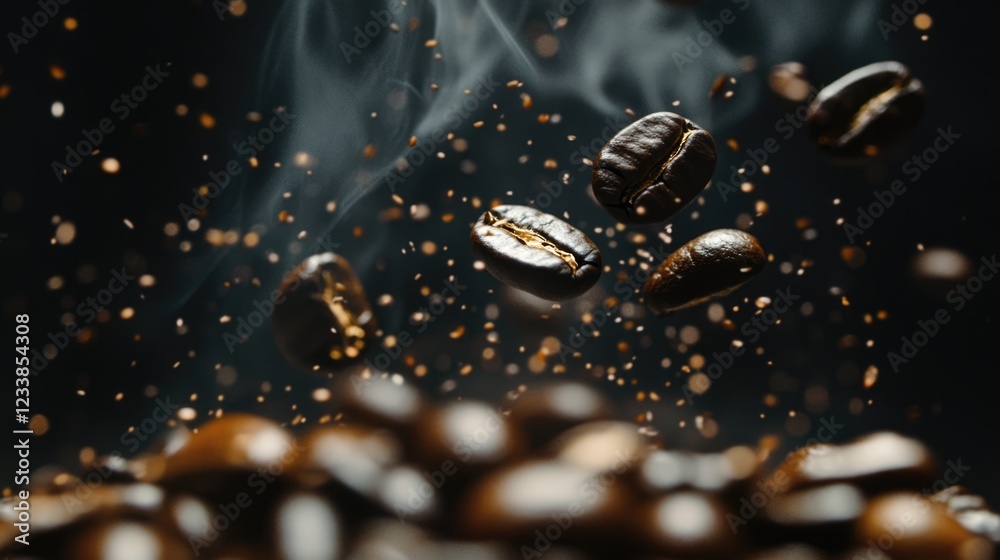 Poster steaming black coffee with flying beans creating an aromatic atmosphere showcasing flavor and richne