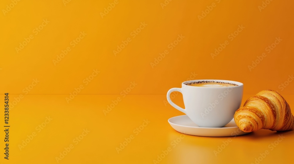 Poster Delicious coffee and croissant on a vibrant orange background with ample copyspace for text or design elements