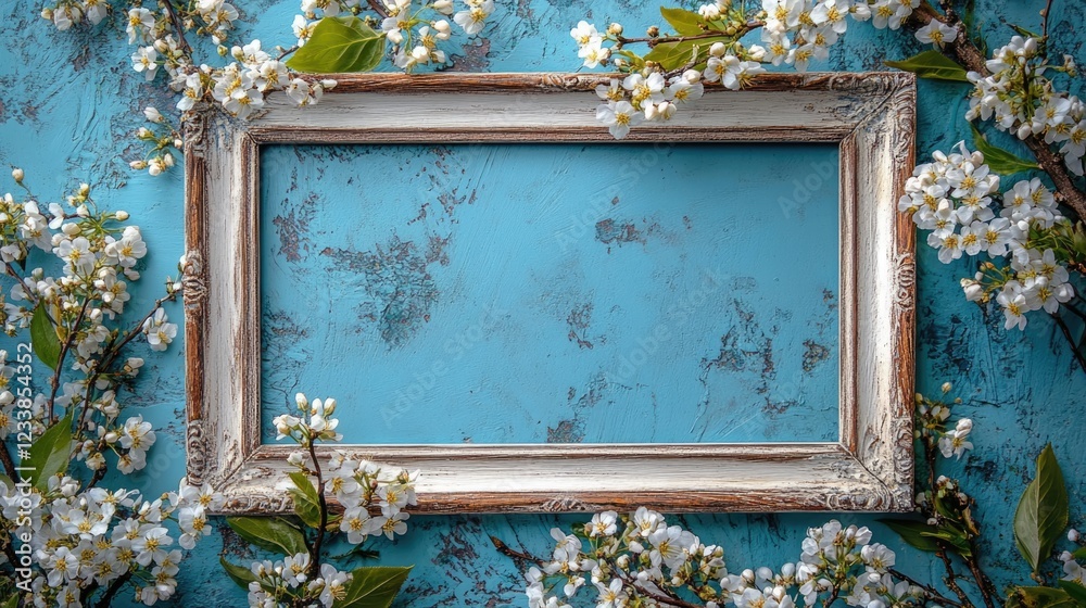 Aufkleber Rustic Empty Frame Surrounded by Blossoming Branches on Turquoise Background Ideal for Memorable Moments and Personalized Text
