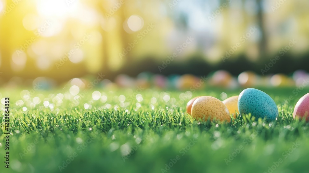 Poster Colorful Easter Eggs on Lush Green Grass with Bokeh Background and Space for Personal Message or Text Insert