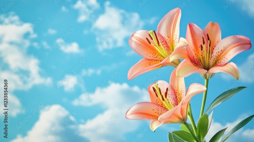 Poster vibrant closed lilies blooming against a bright blue sky with soft clouds and ample space for text o